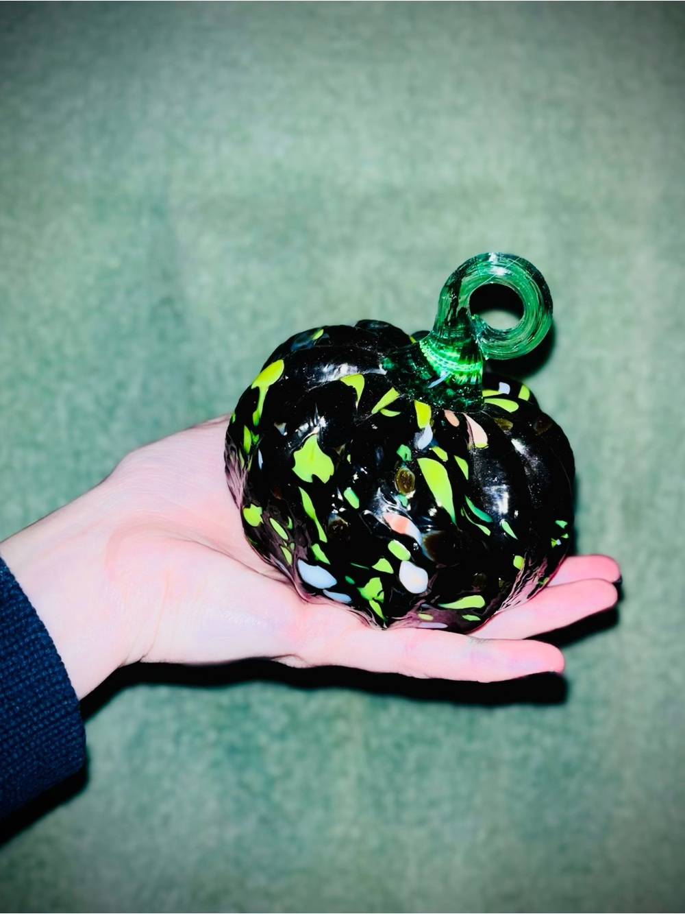Vtg 1990s Artisan Handblown Speckled Black + Green Glass Pumpkin